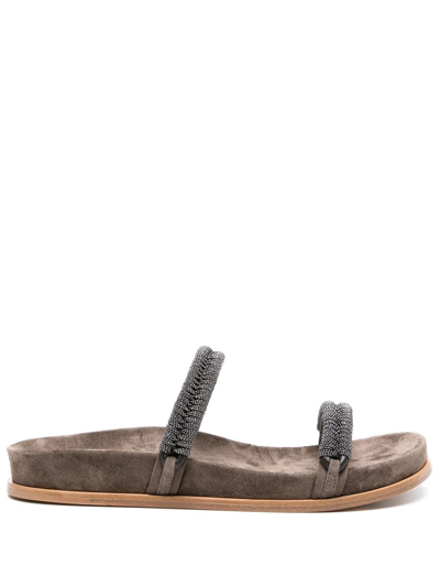 Brunello Cucinelli Slide Sandals With Monili Decoration In Brown