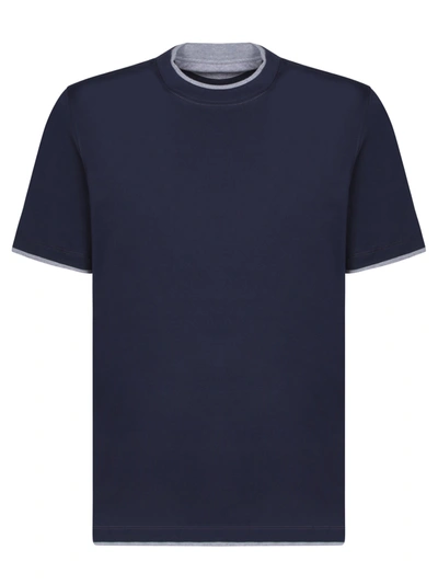 Brunello Cucinelli Jersey T-shirt With Ribbed Hem In Blue