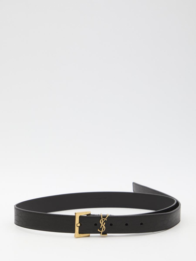 Saint Laurent Monogram Signature Leather Thin Waist Belt In Blue