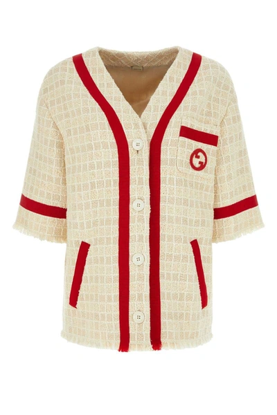 Gucci Interlocking G Textured Tweed V-neck Jacket In White