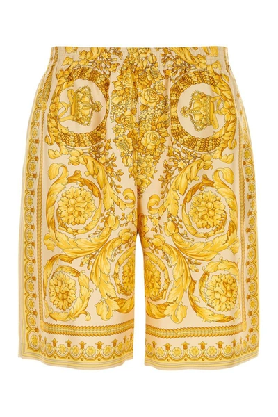 Versace Barocco Print Silk Shorts In Golden