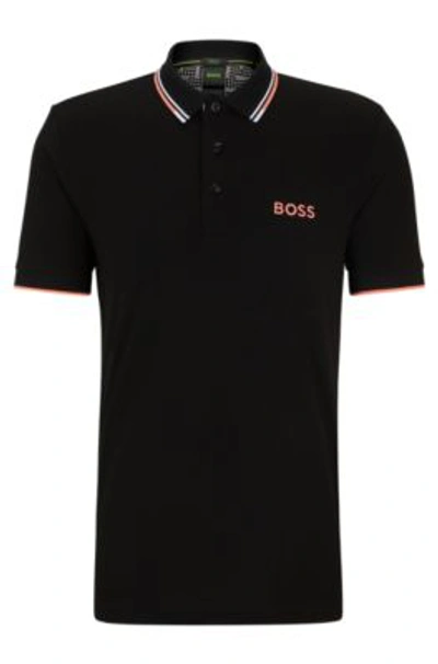 Hugo Boss Polo Shirt With Contrast Logos In Dark Grey