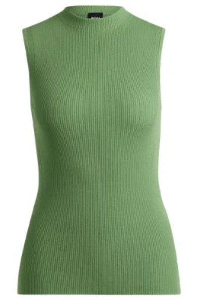 Hugo Boss Sleeveless Mock-neck Top With Ribbed Structure In Light Green