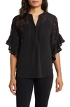 Vince Camuto Plus Size Ruffle Sleeve Henley Blouse In Rich Black