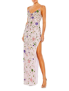 Mac Duggal Beaded Floral High Slit Gown In Lilac Multi