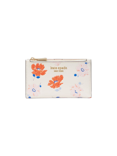 Kate Spade Morgan Dotty Floral Embossed Saffiano Leather Small Slim Bifold Wallet In White