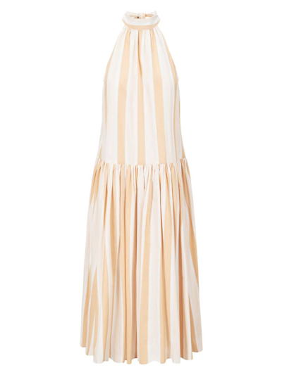 Staud Marlowe Neck-tie Sleeveless Poplin Stripe Midi Dress In Sand Stripe