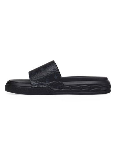 Mcm Women's Logo-printed Canvas Slides In Black