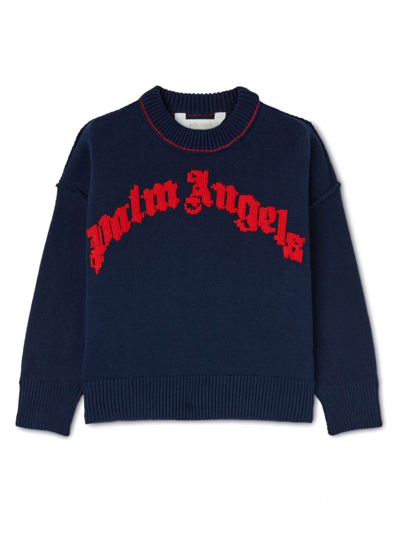 PALM ANGELS CURVED LOGO KNIT CREW NAVY BLUE RED