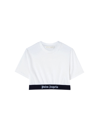 Palm Angels Logo Tape Crop Tee In Off White Black