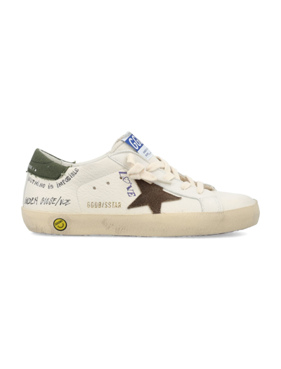 Golden Goose Kids' Suede Super Star Lace Up Sneakers In White/brown/green