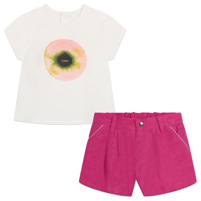 Chloé Kids' Logo-print Organic Cotton Short Set In White,pink