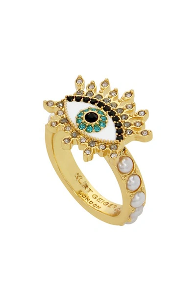 Kurt Geiger Crystal Evil Eye Cocktail Ring In Pearl/ Yellow Gold