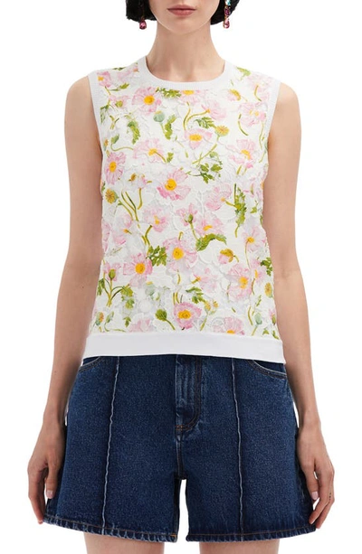 Oscar De La Renta Floral-print Botanical Lace-inset Knit Tank Top In White