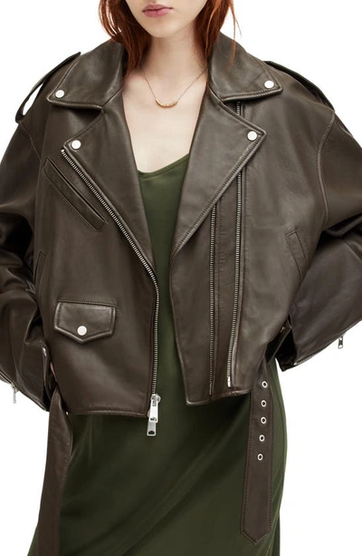 Allsaints Dayle Leather Biker Jacket In Army Green