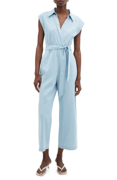 Mango Belted Chambray Jumpsuit In Light Blue