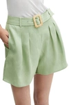 Mango Belted Linen Shorts In Pastel Green