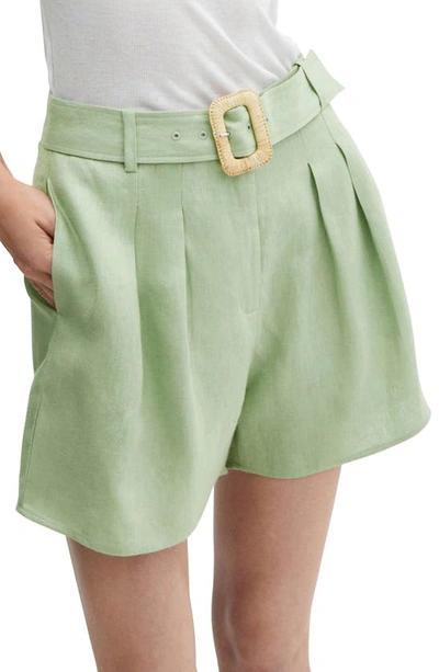 Mango Belted Linen Shorts In Pastel Green
