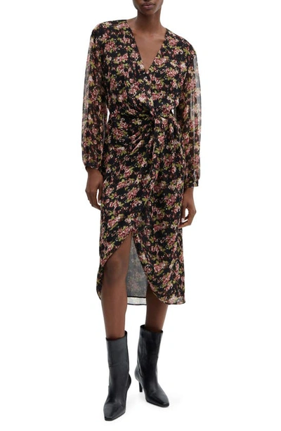 Mango Floral Twisted Long Sleeve Dress In Black