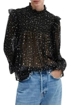 Mango Dot Print Ruffle Long Sleeve Top In Black