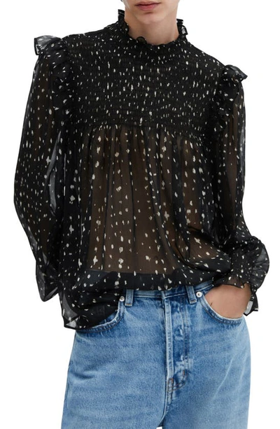 Mango Dot Print Ruffle Long Sleeve Top In Black