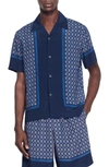 Sandro Fence Print Short Sleeve Button-up Shirt In Navy Blue
