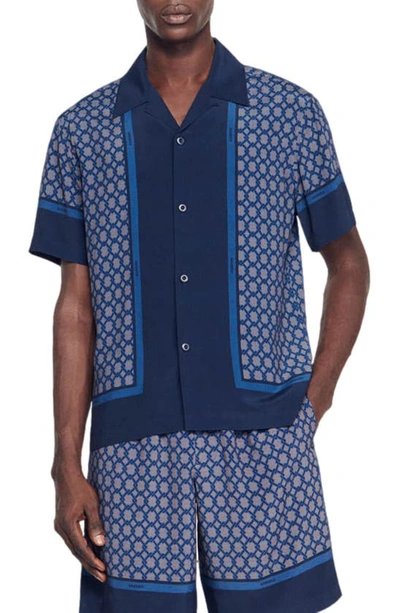 Sandro Fence Print Short Sleeve Button-up Shirt In Navy Blue