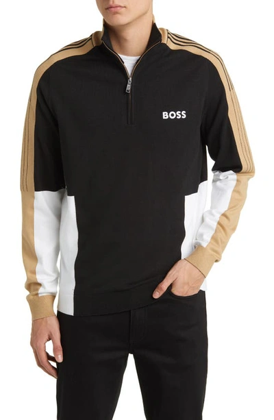 Hugo Boss Zip-neck Sweater With Color-blocking In Black