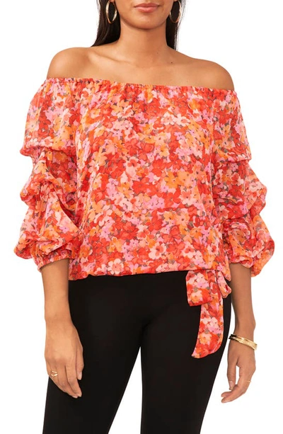 Vince Camuto Print Off The Shoulder Bubble Sleeve Top In Tulip Red