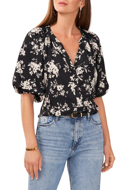 Vince Camuto Floral Print Top In Rich Black