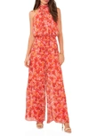 Vince Camuto Floral Print High Neck Jumpsuit In Tulip Red