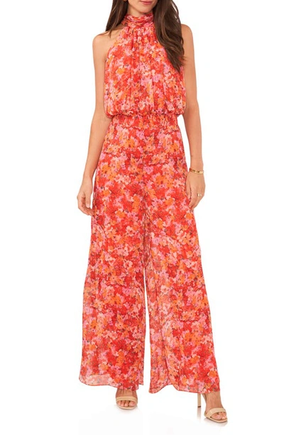 Vince Camuto Floral Halter Sleeveless Wide Leg Plissé Jumpsuit In Tulip Red