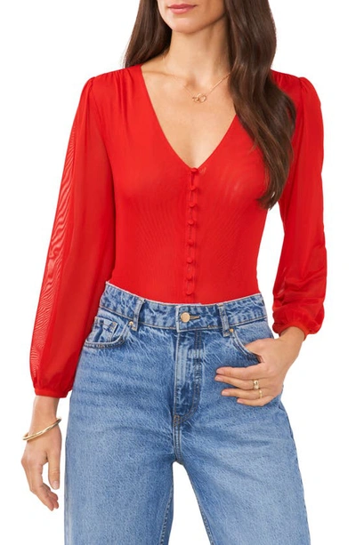 Vince Camuto Puff Shoulder Front Button Top In Tulip Red