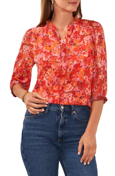 Vince Camuto Floral Print Tie Neck Top In Tulip Red