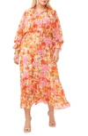 VINCE CAMUTO FLORAL SMOCKED THREE QUARTER SLEEVE MAXI DRESS