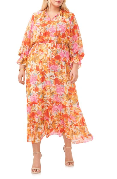 Vince Camuto Floral Smocked Three Quarter Sleeve Maxi Dress In Tulip Red