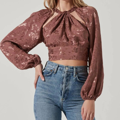 Astr Betsy Floral Cutout Long Sleeve Top In Brown Jacquard