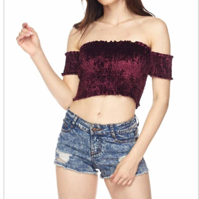Blue Blush Velvet Off The Shoulder Crop Top In White