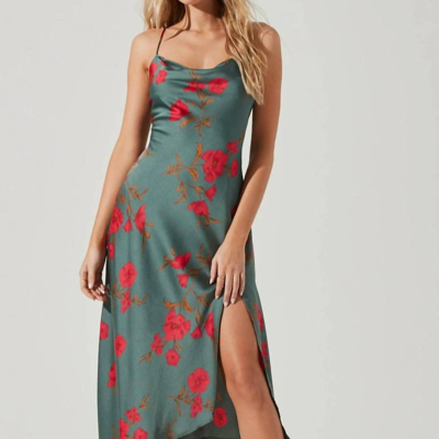 Astr Gaia Cowl Neck Spaghetti Strap Dress In Teal Raspberry Floral In Green