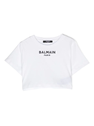 Balmain Kids' Logo-embroidered Cropped T-shirt In White