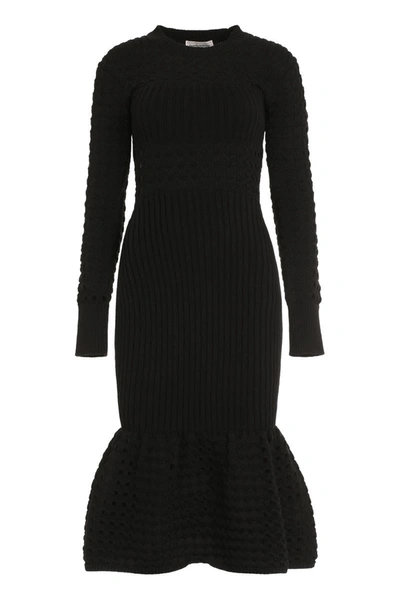 Alexander Mcqueen Ribbed Knit Midi Dress In Black
