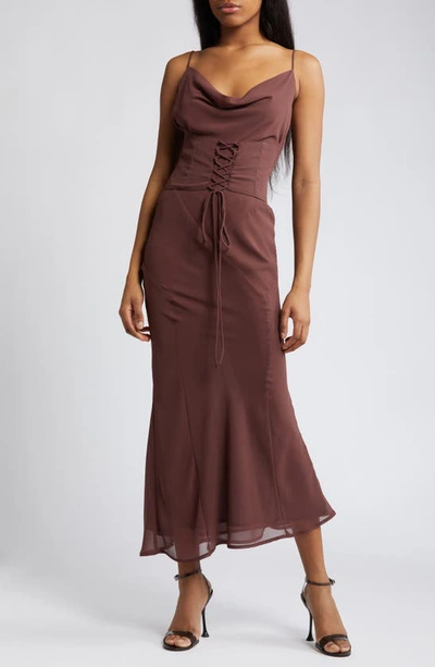 Rare London Cowl Neck Corset Chiffon Cocktail Dress In Brown