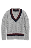 Brooks Brothers Vintage-inspired Tennis V-neck Sweater In Supima Cotton | Grey Heather | Size Medium