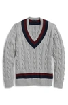 Brooks Brothers Vintage-inspired Tennis V-neck Sweater In Supima Cotton | Grey Heather | Size Large