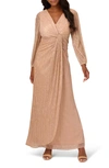 Adrianna Papell Metallic Long Sleeve Mesh Evening Gown In Light Gold