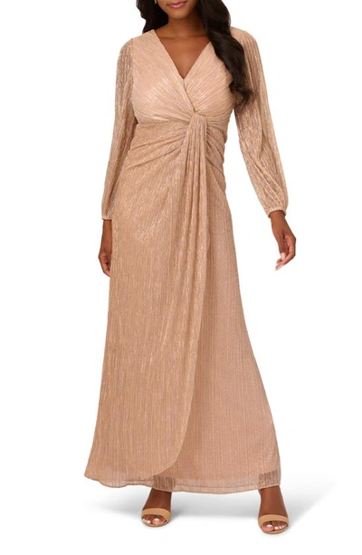 Adrianna Papell Metallic Long Sleeve Mesh Evening Gown In Light Gold