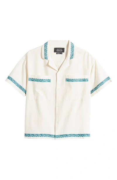 Native Youth Men's Boxy-fit Embroidered Border Button-down Camp Shirt In Off White,teal