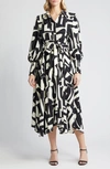 ZOE AND CLAIRE ABSTRACT PRINT LONG SLEEVE TIE BELT MIDI DRESS