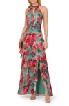 ADRIANNA PAPELL PRINT RUFFLE HALTER GOWN