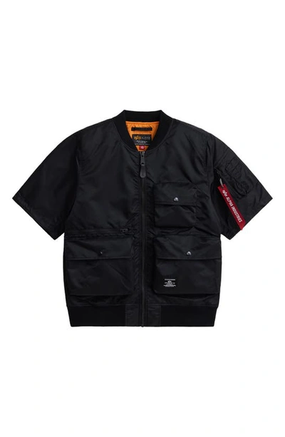 Alpha Industries Short Sleeve Zip-up Satin Flight Jacket In Black